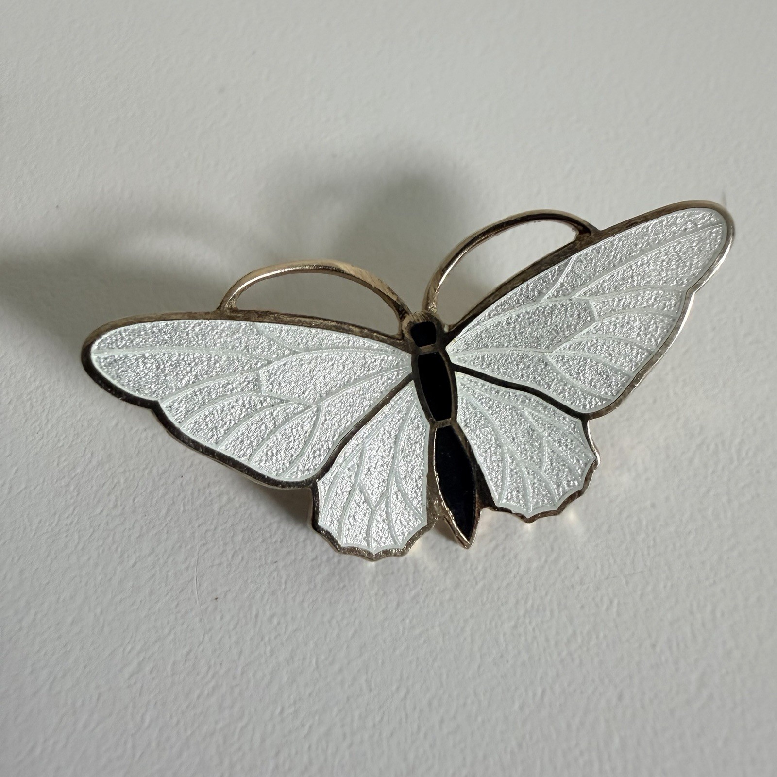 Vintage Mid Century White Black Guilloche Enamel Gold Tone Butterfly Pin Brooch
