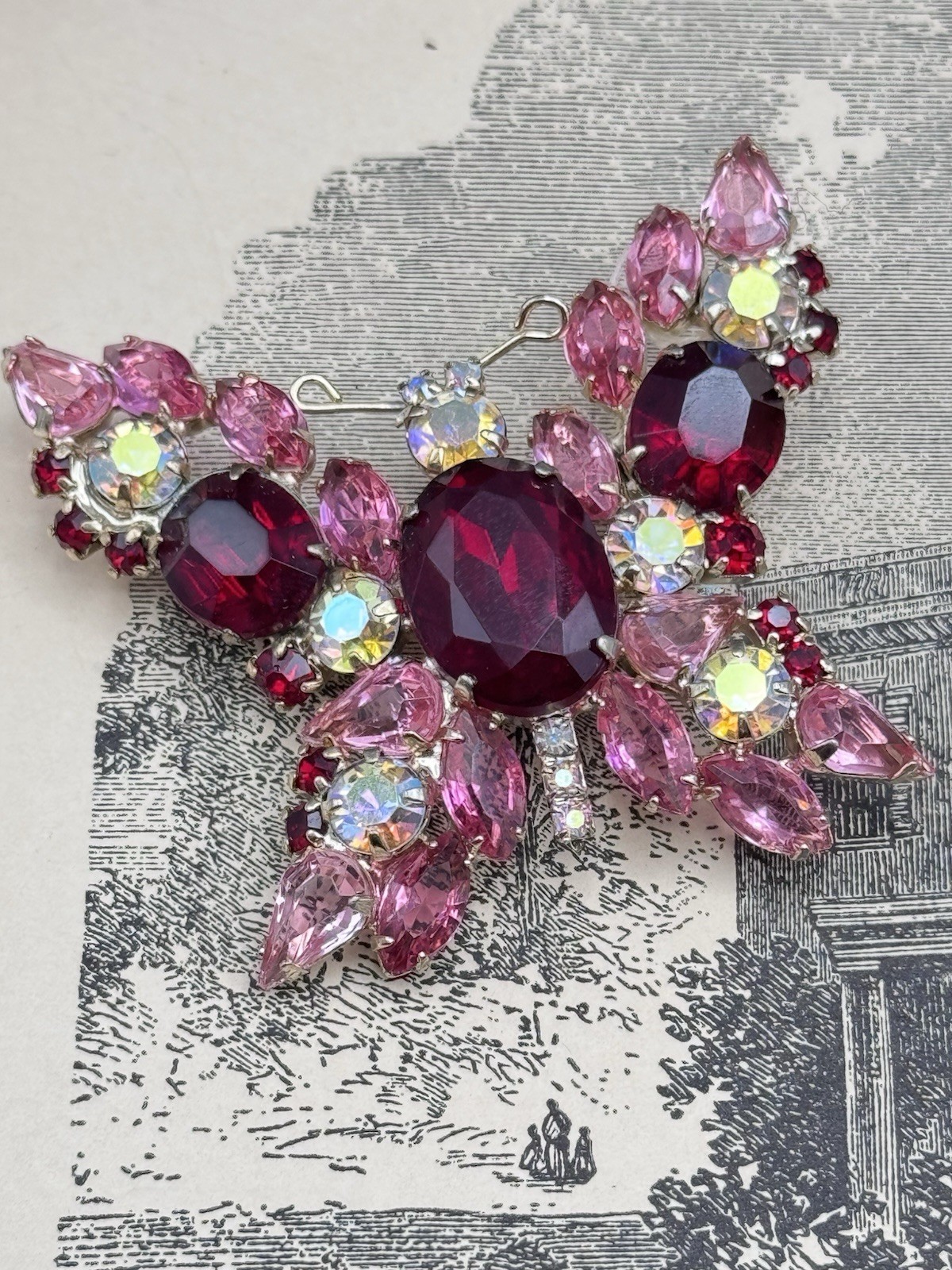 Vintage Butterfly Brooch Pink Red Rhinestone AB Crystal Goldtone Figural 2”