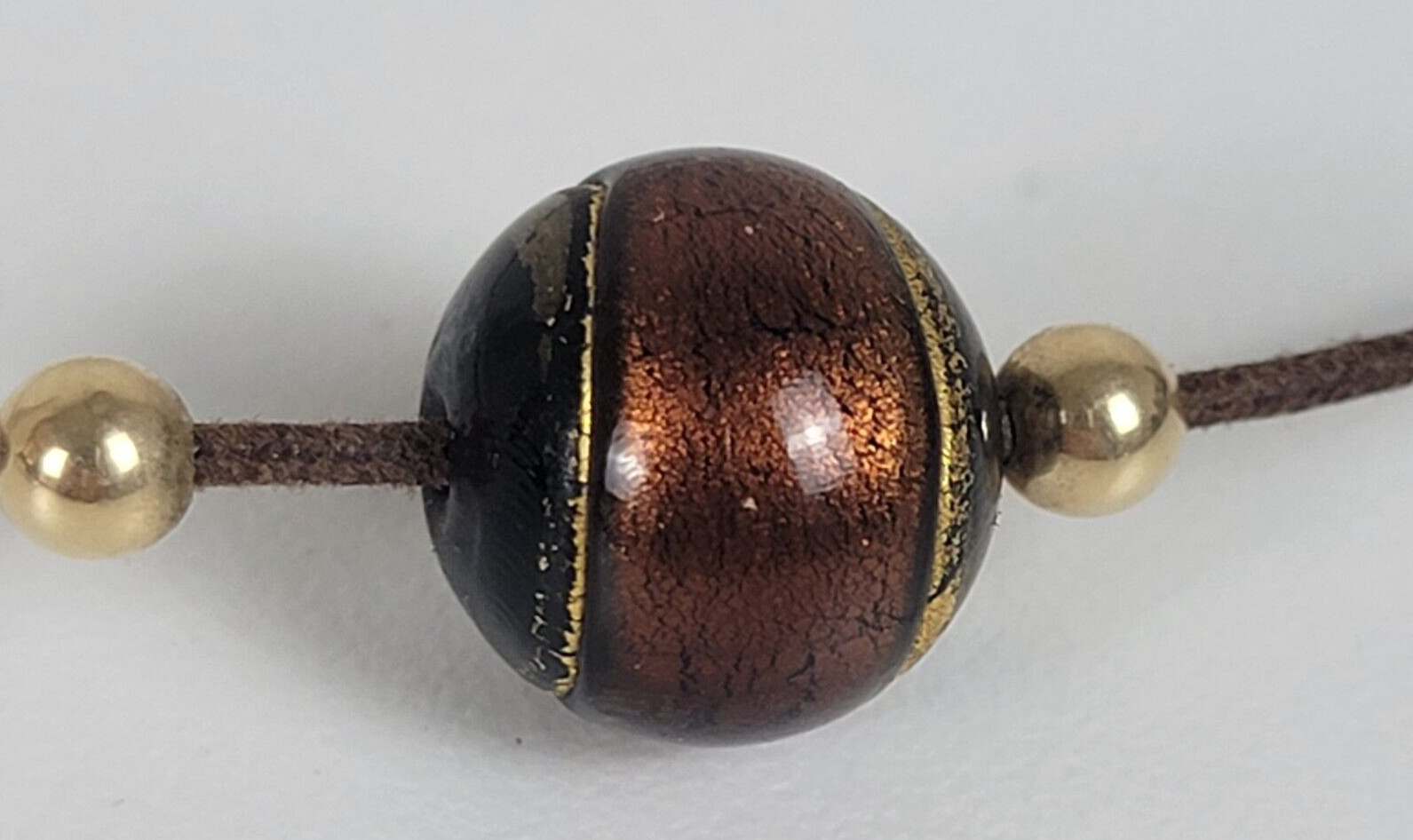 Vintage 14K Gold Millefiori Bead Charm Leather Cord Necklace 17.5 in Spring Ring