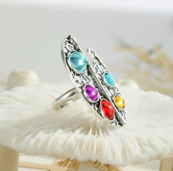 Vintage Silver Geometric Ring Women Oval Colored Stone Adjustable Jewelry