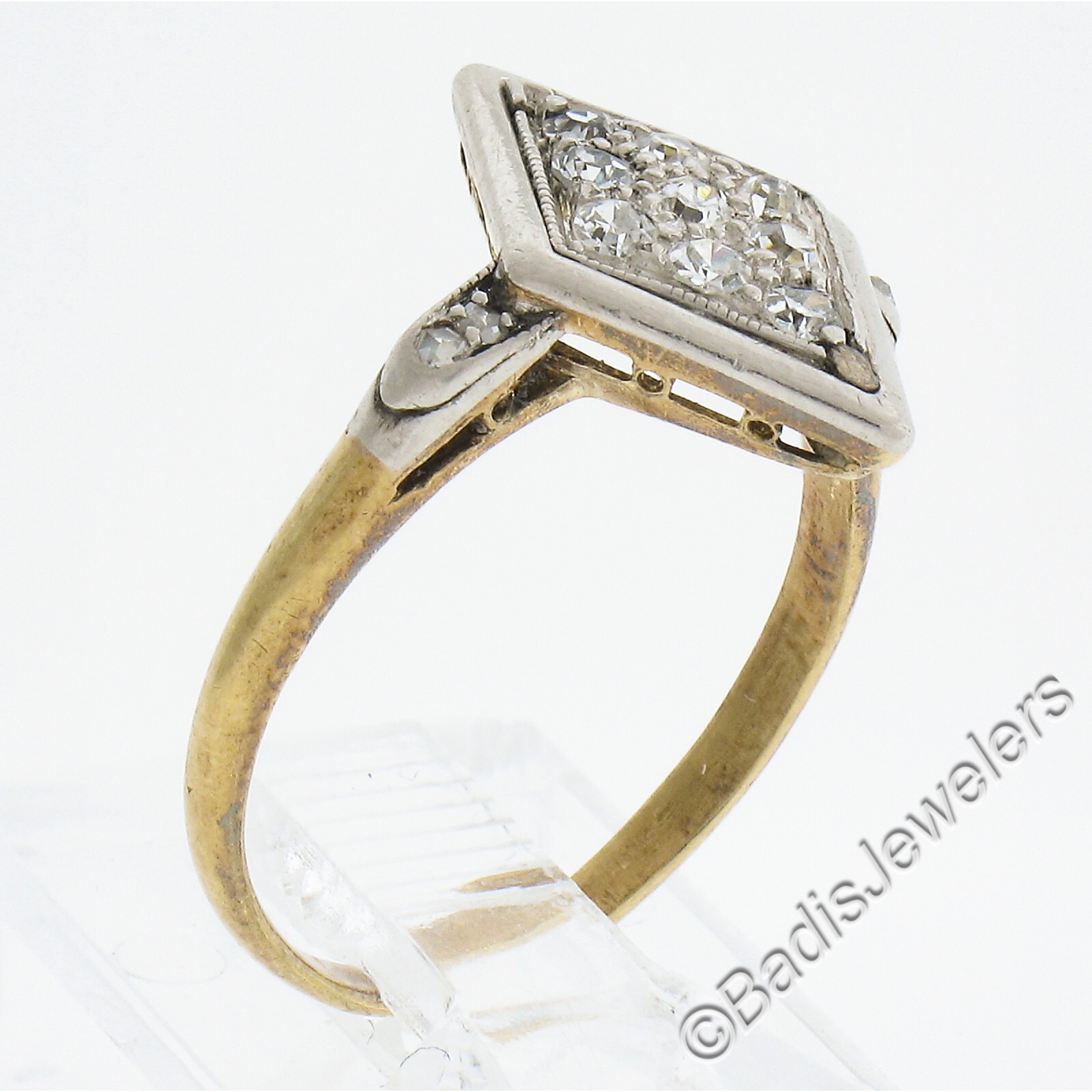 Antique Edwardian 18K Yellow Gold & Platinum Old Cut Diamond Lozenge Shape Ring