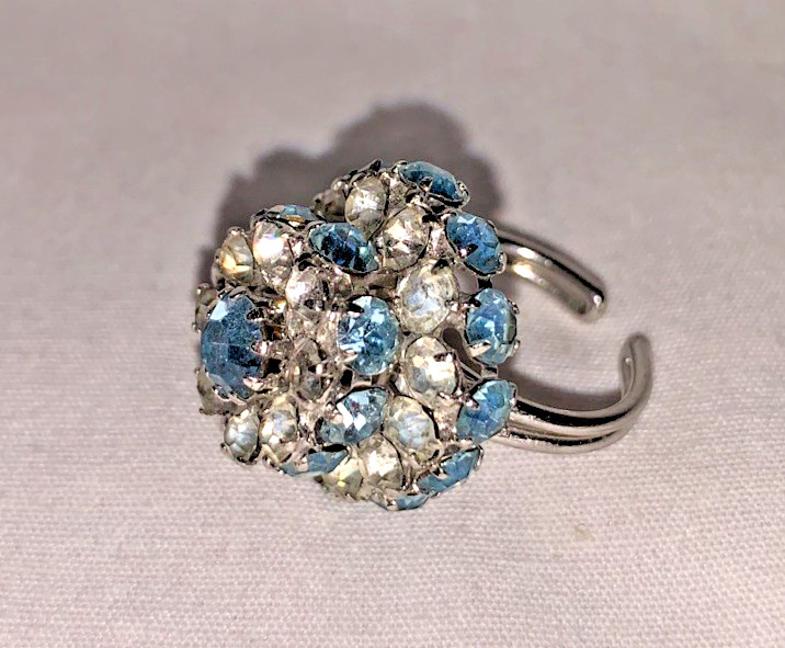 Vintage Silver Tone & Clear/Blue Topaz Rhinestone “Wedding Cake” Ring-Adjustable