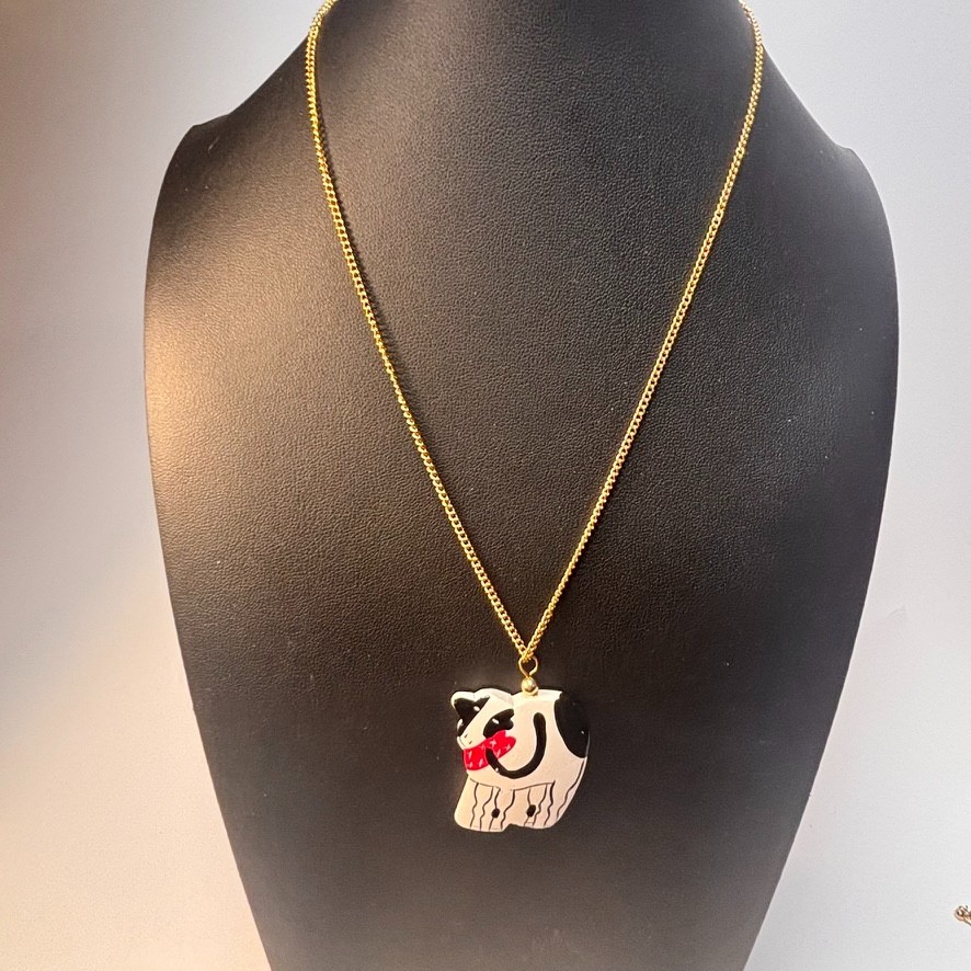 Vintage Necklace Earrings Hand Painted Cow Chunky Huge