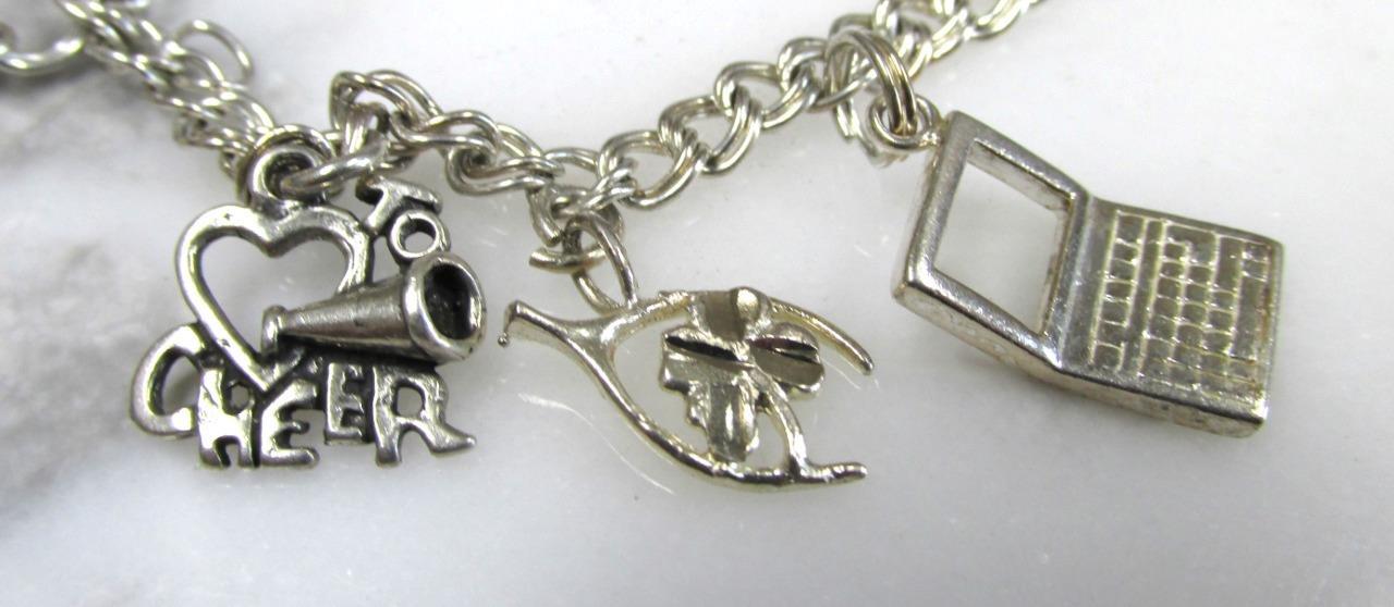 Sterling Silver Double Curb Link Bracelet w/ 8 Charms ~ 6-3/4″ ~ 19g ~ 6-K463