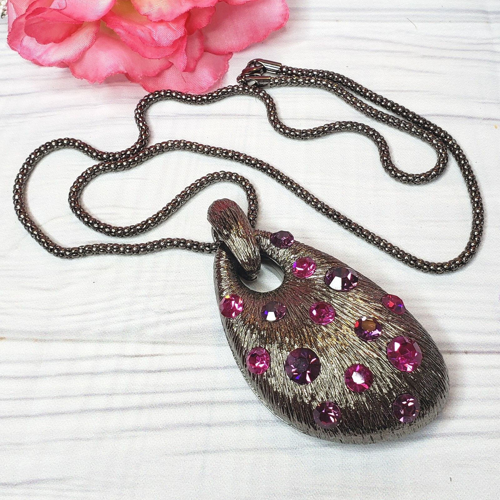 Pink Purple Rhinestone Large Pendant Necklace Gunmetal Tone Chain Statement