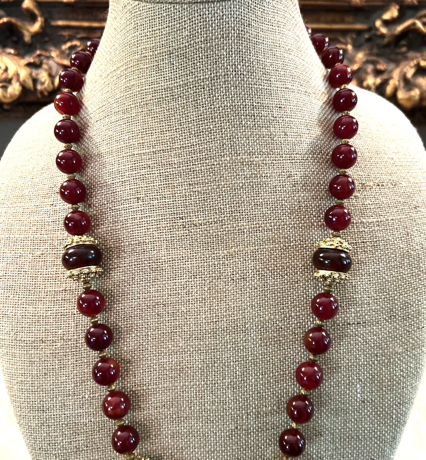 VTG SIGNED KENNETH LANE CARNELIAN RED AMBER GLASS BEAD PENDANT NECKLACE RARE 33″