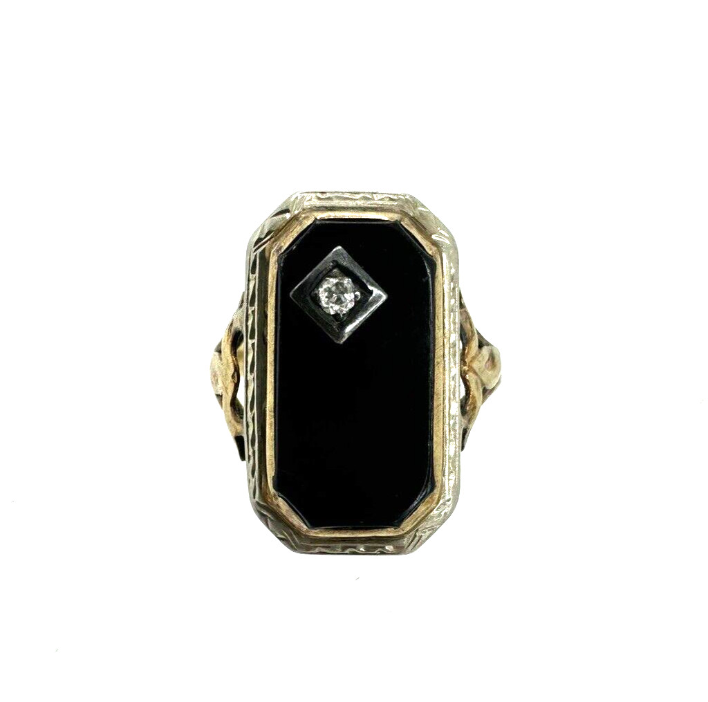 Vintage 10K Yellow and White Gold Black Onyx Diamond Ring Size 6.75