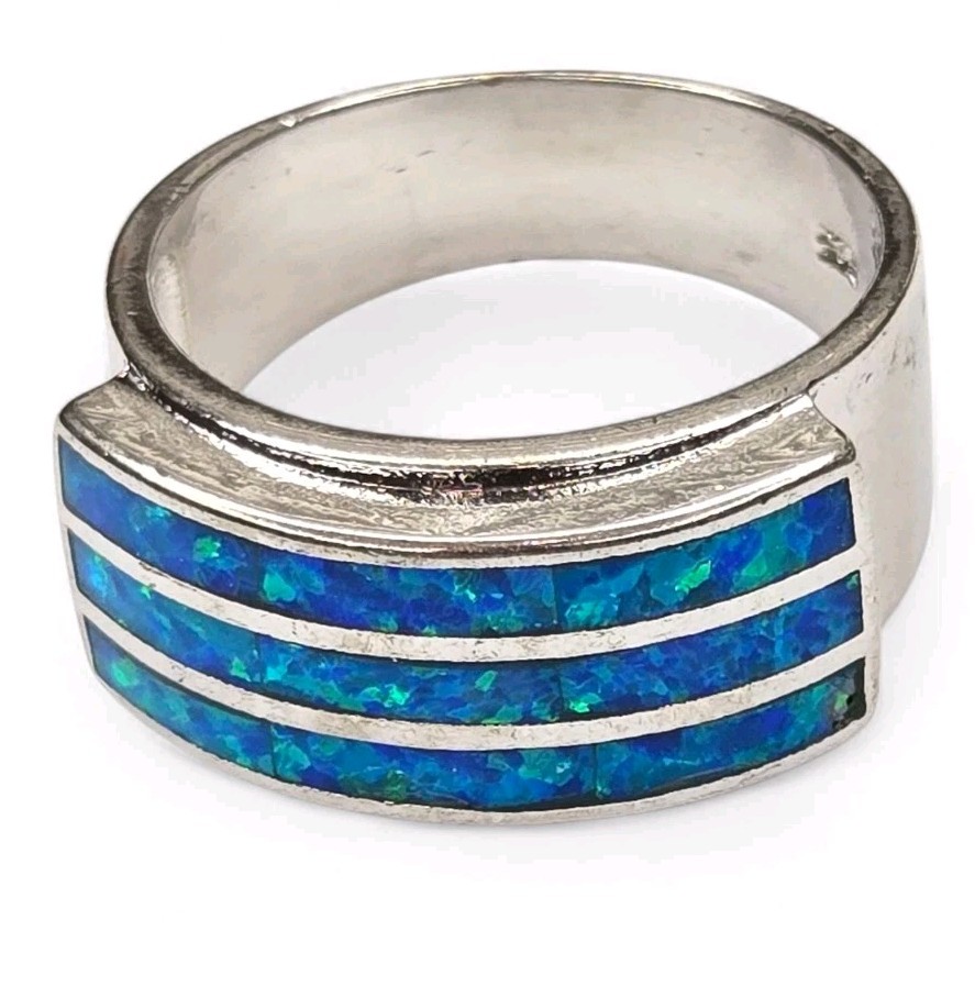Southwestern Sterling Silver 925 Faux Blue Opal Channel Inlay Ring Size 7.5