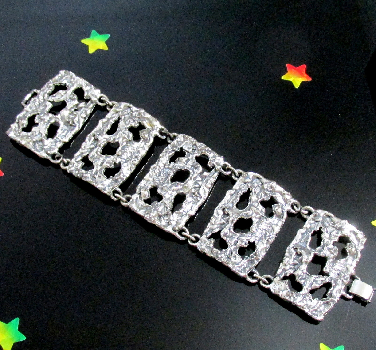 VTG RUNWAY EDGY NAPIER BRUTALIST SILVER BOOK PIECE BRACELET ’72 “MOLTEN METAL”