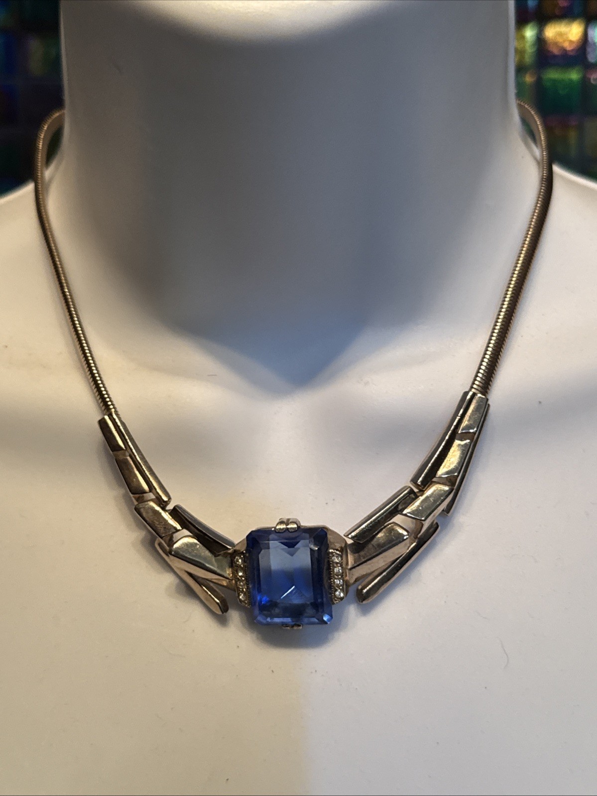 Vntg Art Deco Faceted Peking Blue Glass Open Back Choker Necklace Corocraft? EUC