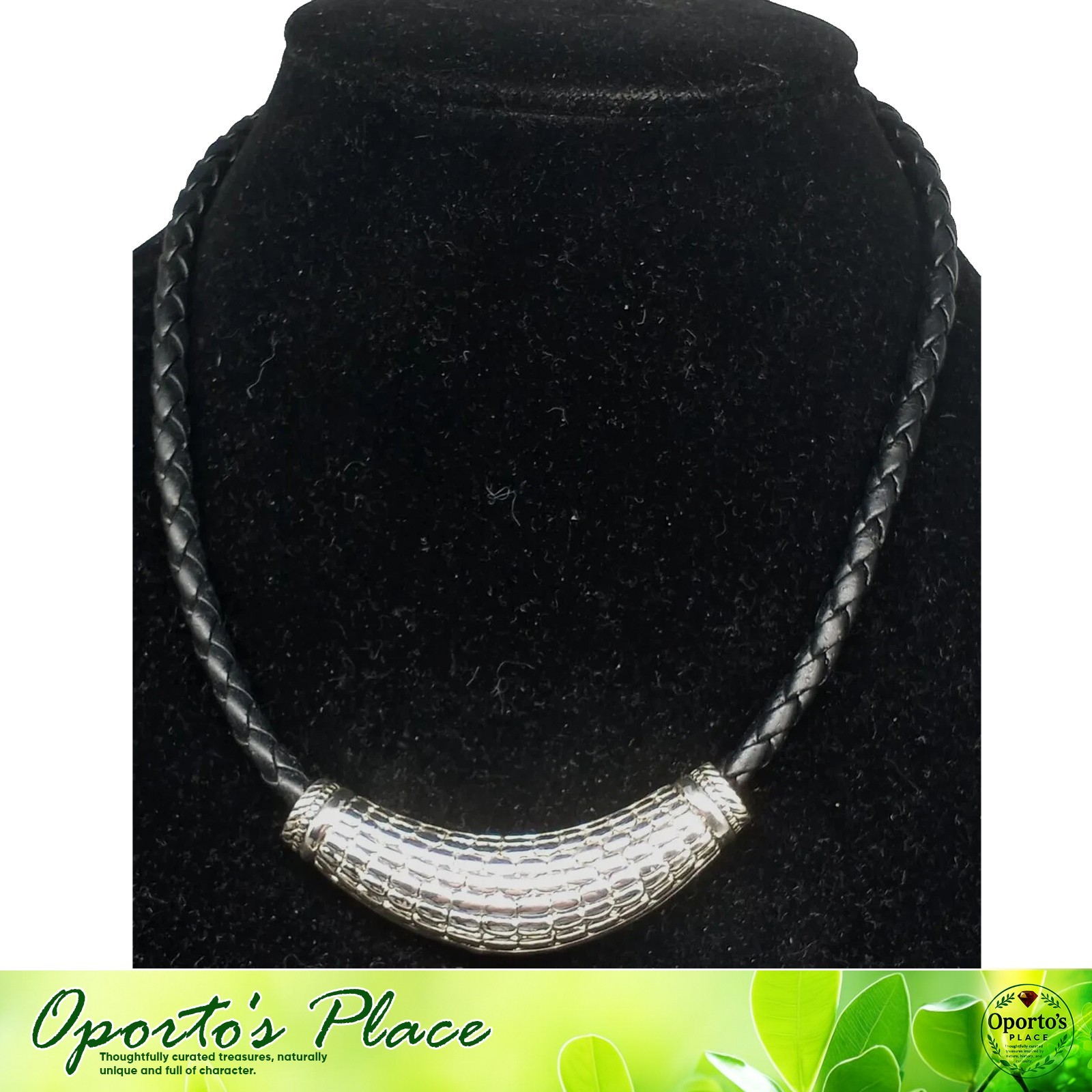 Vintage Choker Necklace Black Faux Twisted Leather Cord Silvertone Metal Pendant
