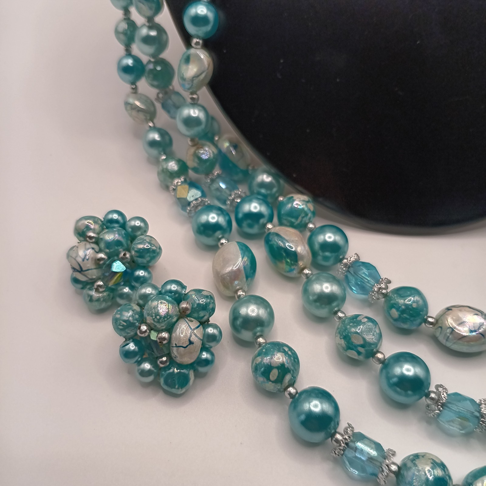VTG Blue/AB Bead Demi Parure 3 Strand Stamped Japan Necklace And Clipon Earrings