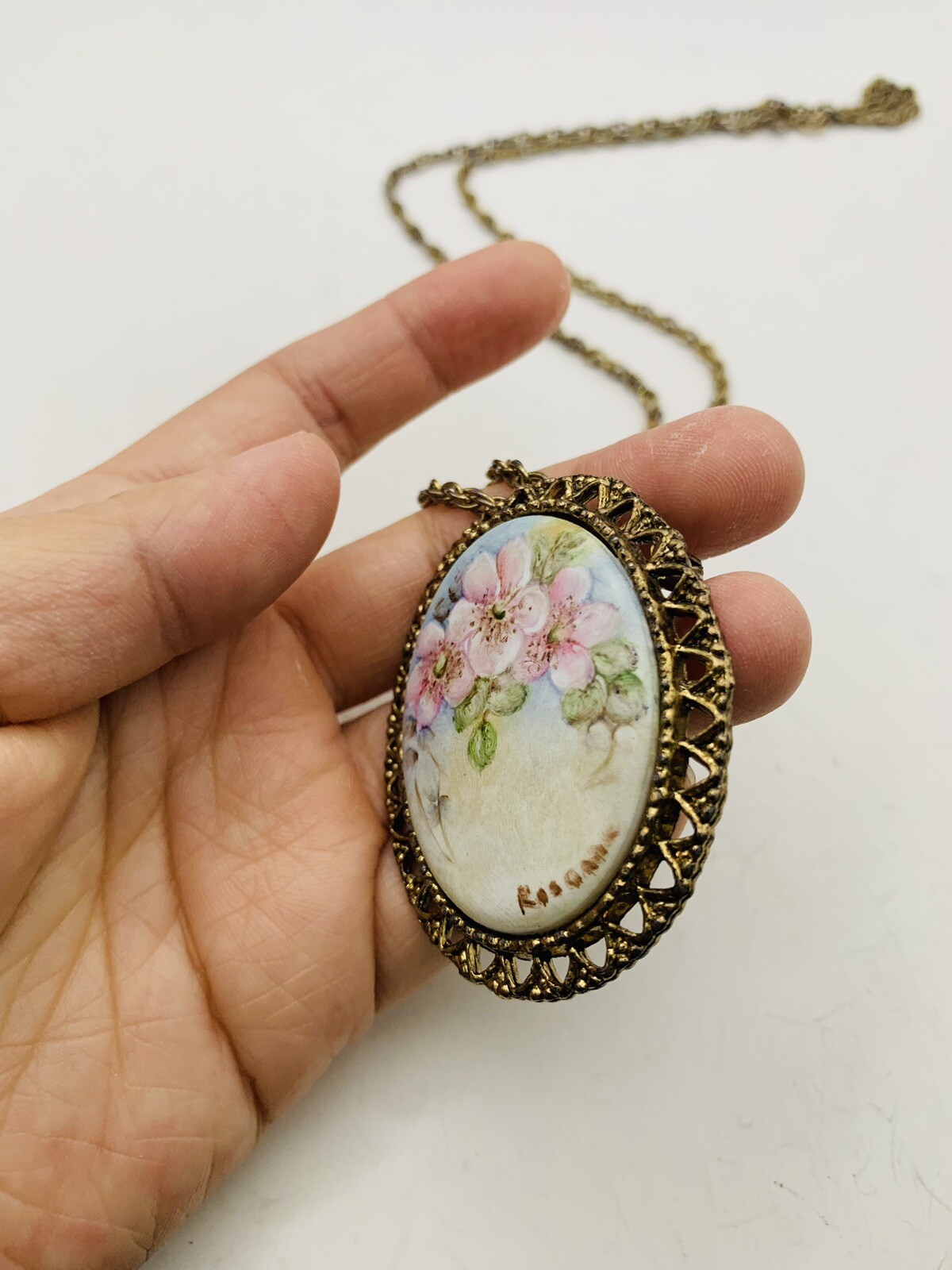 Vintage Cottagecore Hand Painted Pink Flower Nature Scene Artist Signed Necklace