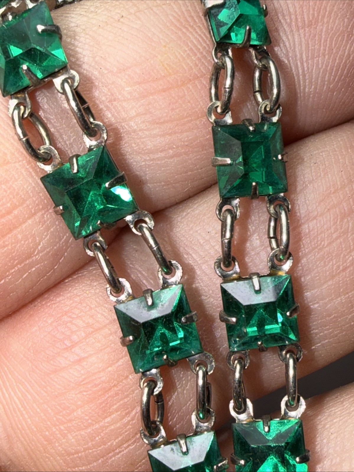 Bracelet Art Deco Paste Gwen Emerald Glass Sterling Silver Square Stone Antique