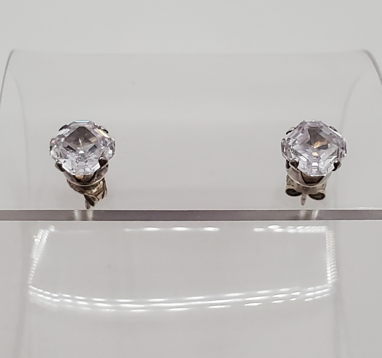 925 C Signed 5mm CZ Sterling Silver Square Faceted Cushion Cut Stud Estate Glam