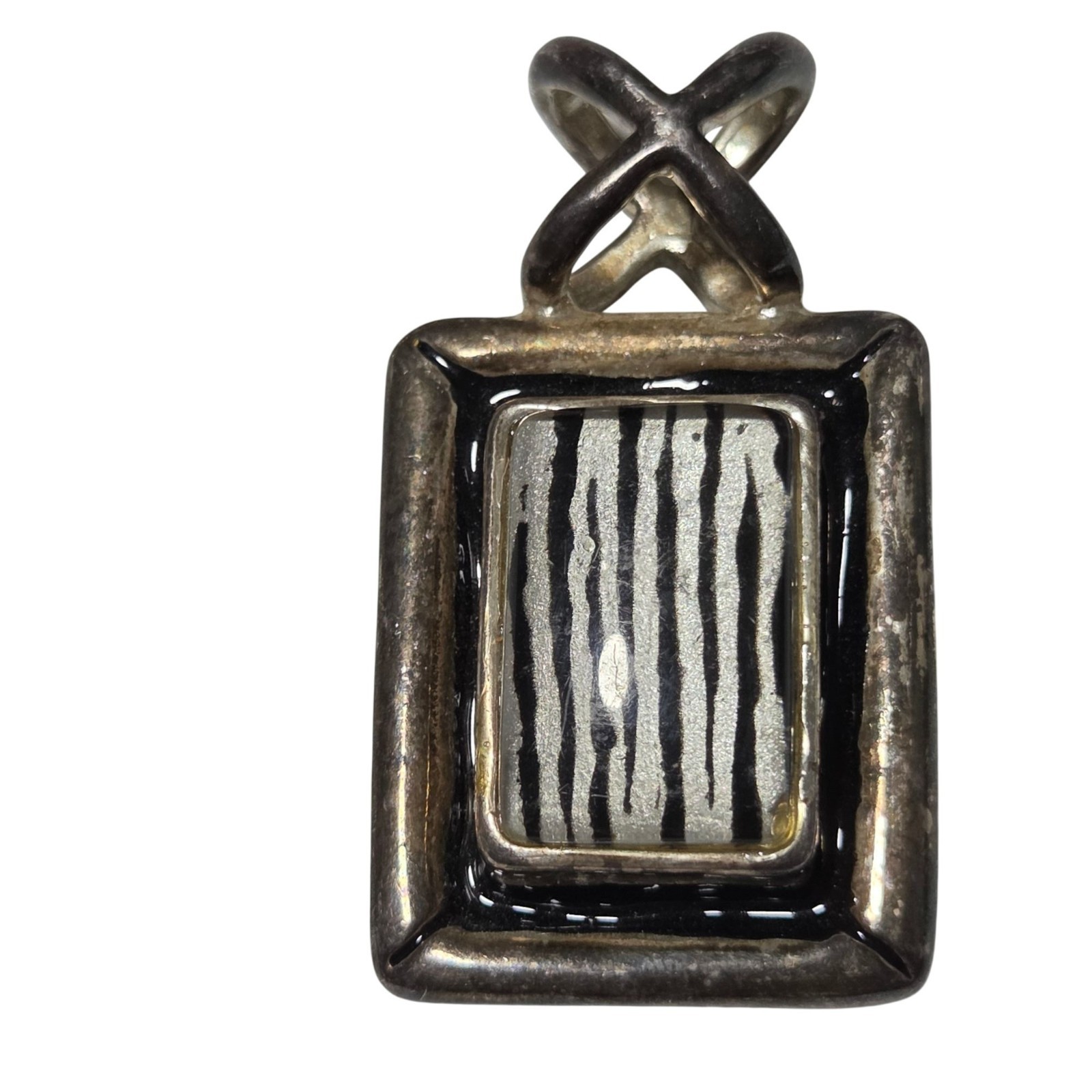 Vintage Artistic Resin Zebra Stripe Rectangle Pendant Silver Tone Cross Bail