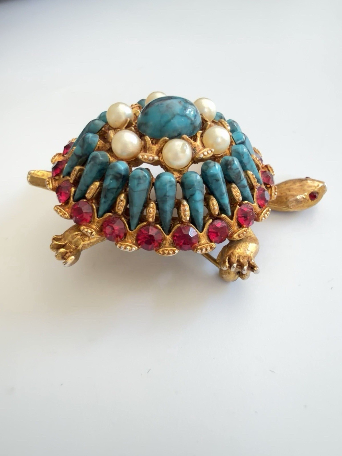 HAR Turtle Brooch Pin Rare Mid Century Turquoise Tiered Rhinestone Statement!!
