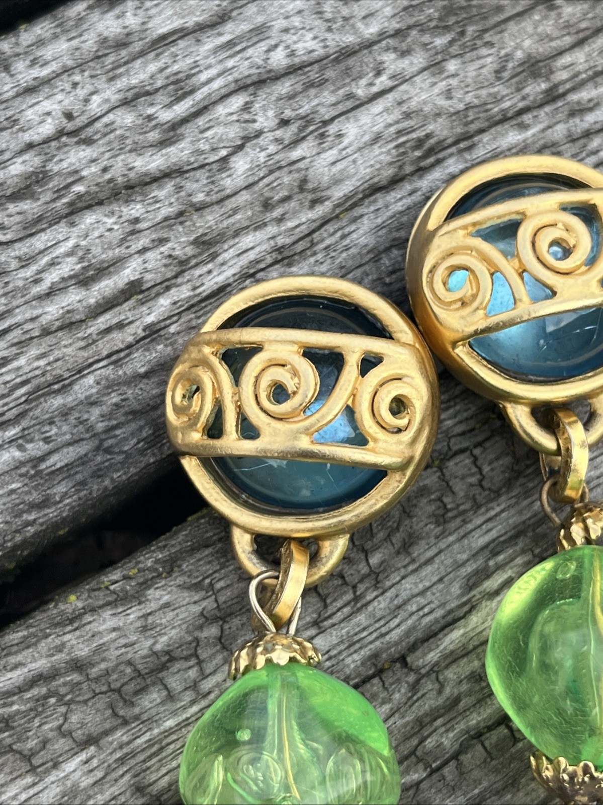 Vintage 1980s Artisan Drop Post Earrings Multi Colored Metal Work Gold Tone