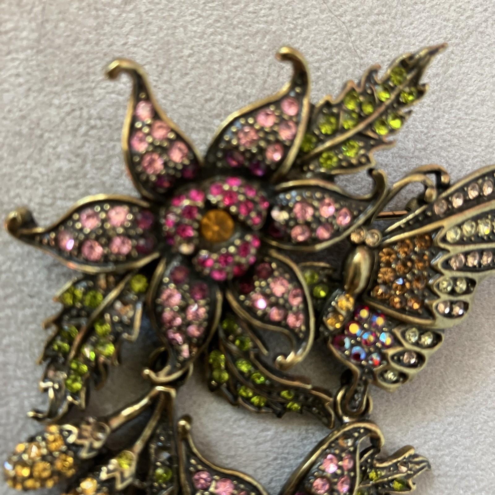 LaVintage Hinged Antiqued Goldtone Metal Flower/ Butterfly Brooch Or Pendant