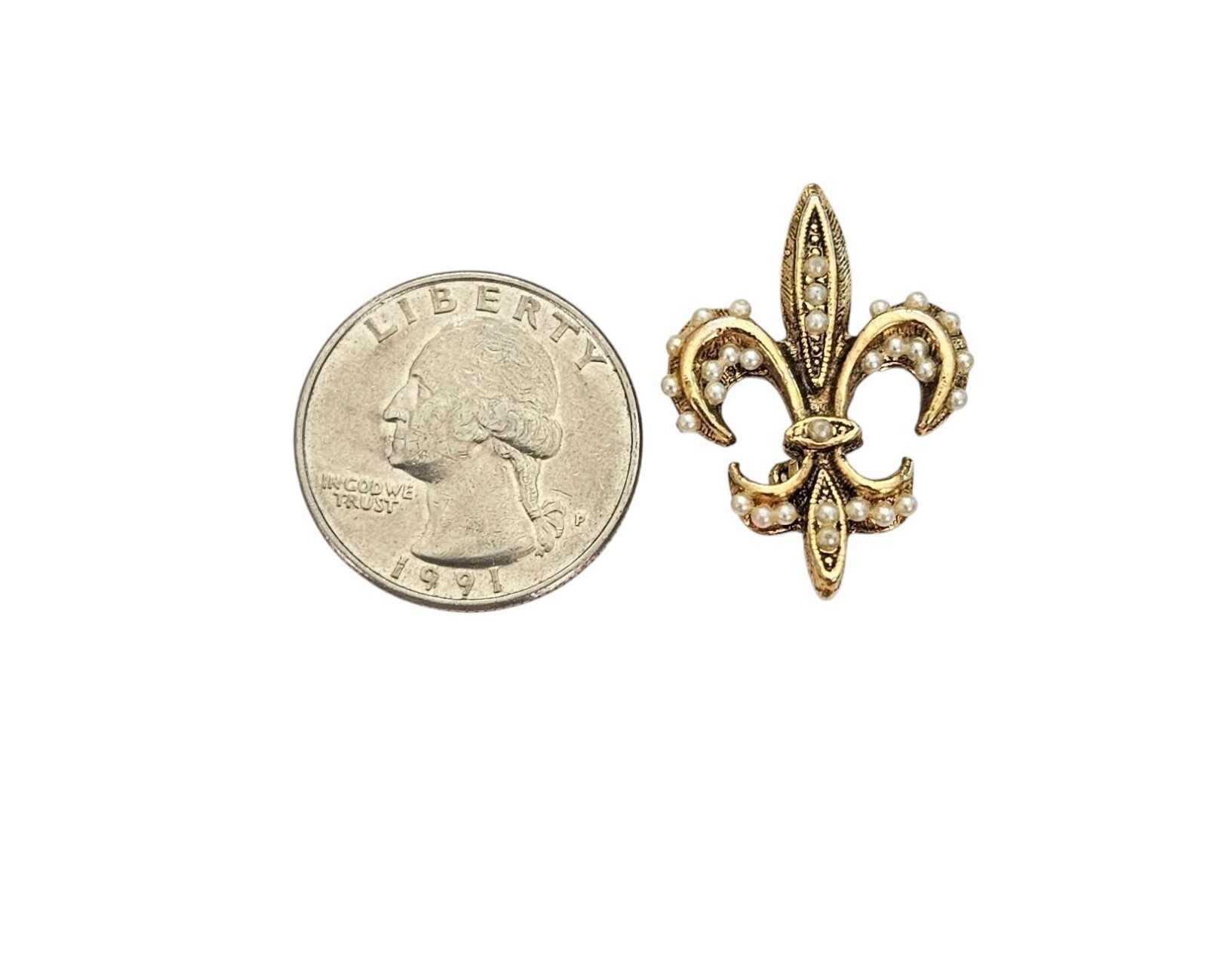 TACOA Gold Tone Vintage Faux Pearl Fleur De Lis Pin, Signed L817