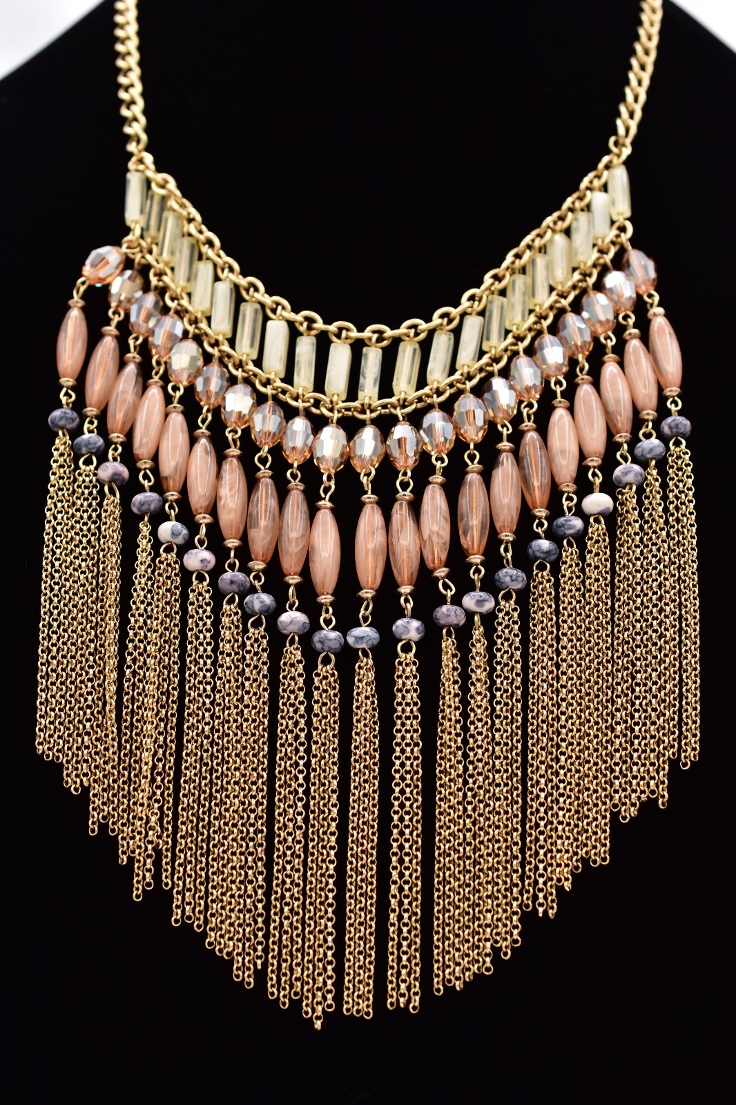 Vintage Fringe Statement Necklace Gold Peach Glass Beads Layered Boho Y2K BinBL
