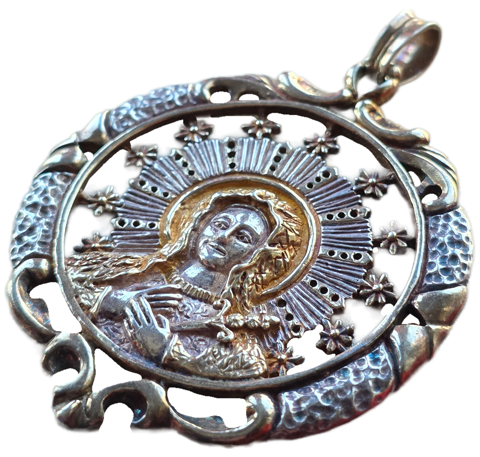 Exceptional antique solid silver Virgin Mary medallion in high relief —t Ca 1890