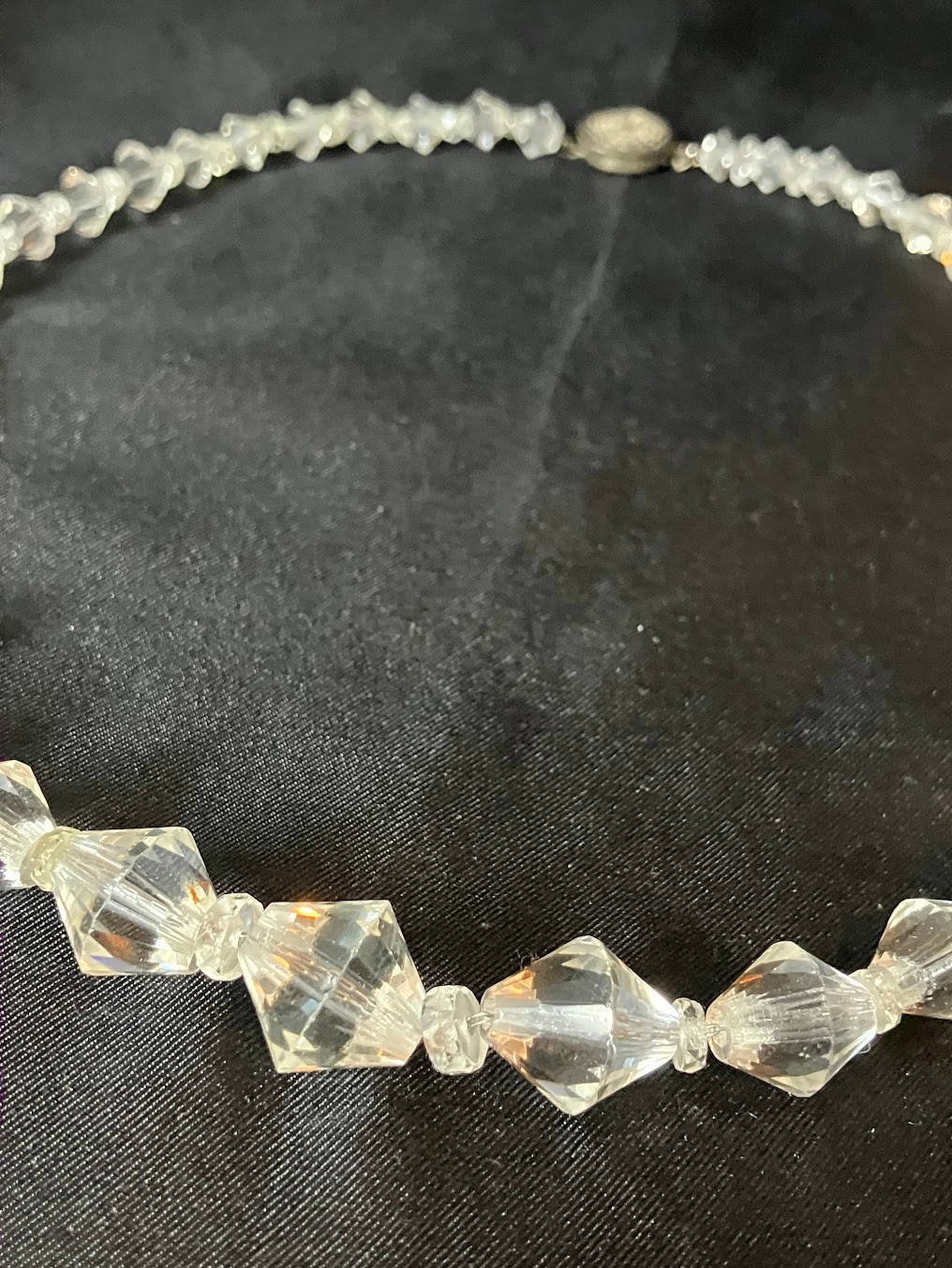 Vintage Art Deco Faceted Crystal Necklace Silver Chain Faceted Bi-cone Beads 16″