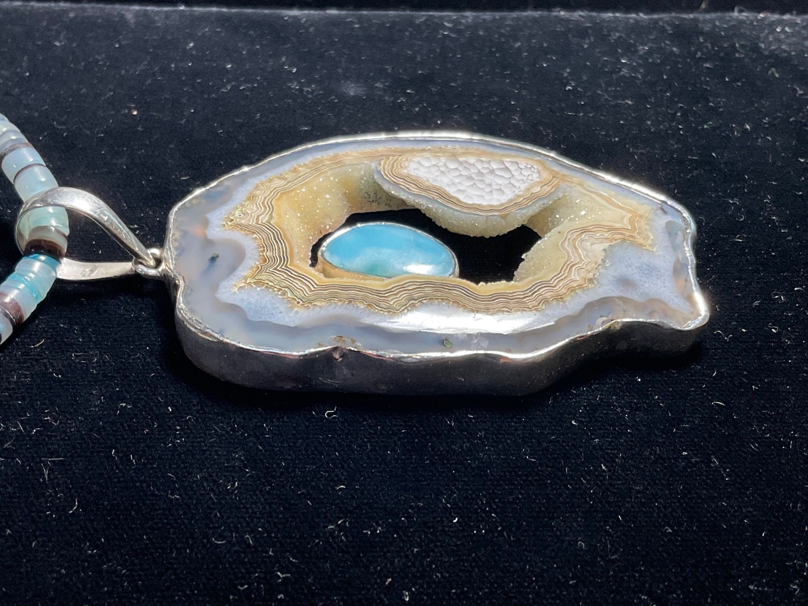 Unique Retro Large Sterling Silver Geode Slice Pendant Necklace