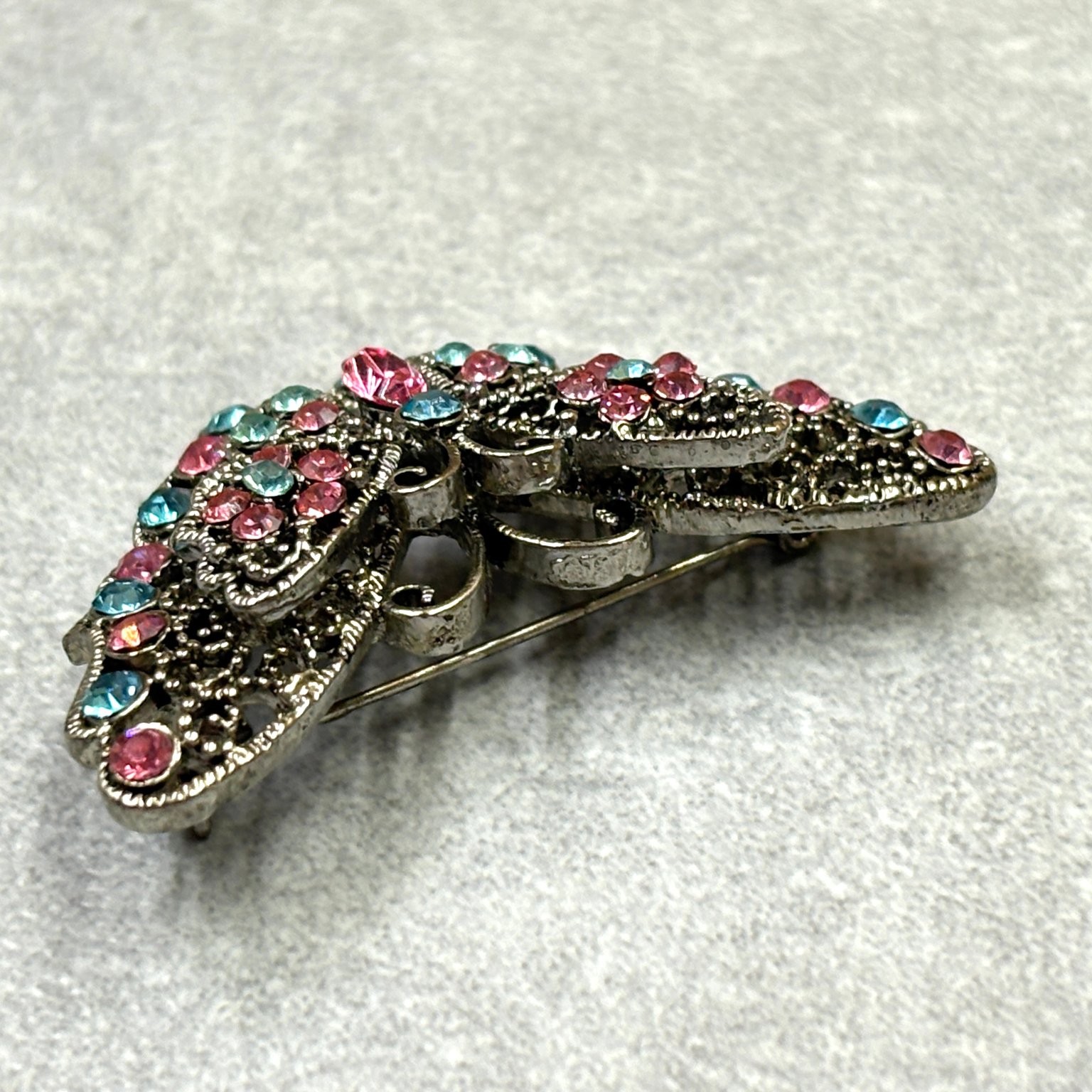 Vintage Butterfly Filigree Silver Tone Brooch 2″ x 1.5″ Rhinestone Multi-Color