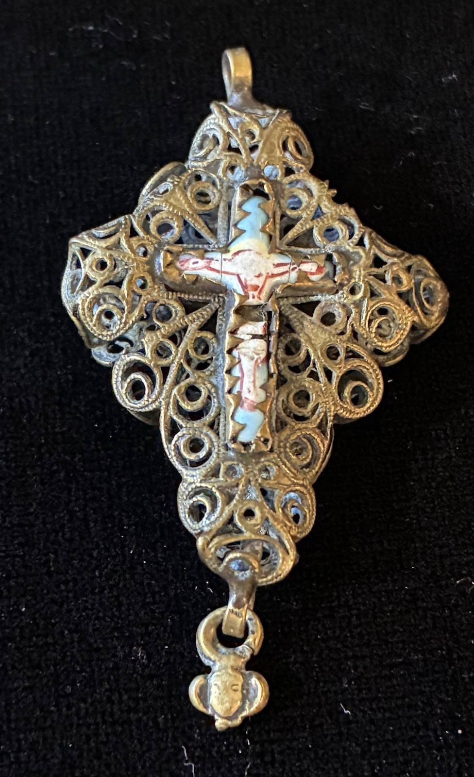 Antique Bavarian Crucifix Cross in Filigree Pendant