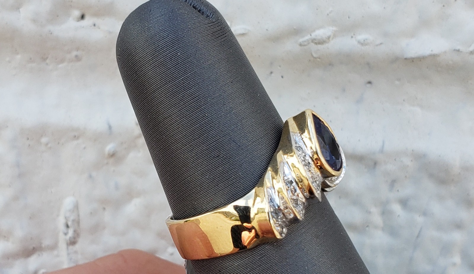 14K Two-Tone Gold Pear Iolite Diamond Chevron Ring Size 6 Estate Vintage 2.70g