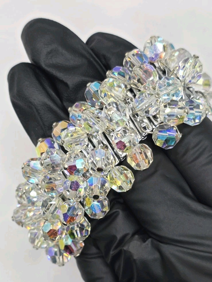 Vintage Japan Cha Cha Bracelet AB Crystal Glass Beaded Expansion 1950s Glam