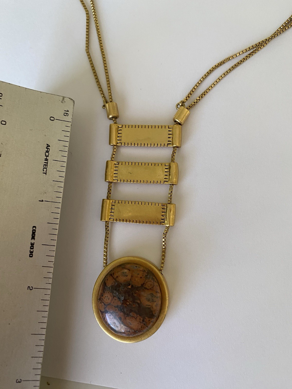 Fashion Long Necklace Gold Tone Modernist Person Metal Stone Pendant Signed M