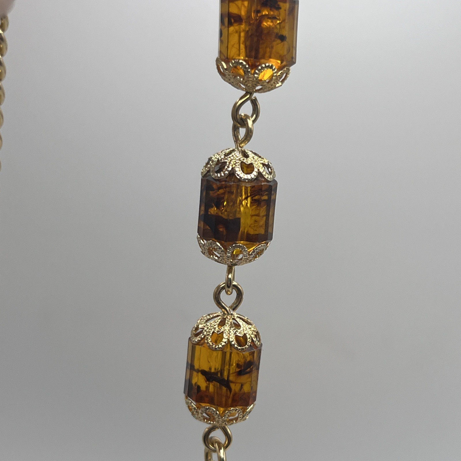 Vintage Sarah Coventry 50″ Long 3 Strand Gold Tone Necklace Barrel With Earrings
