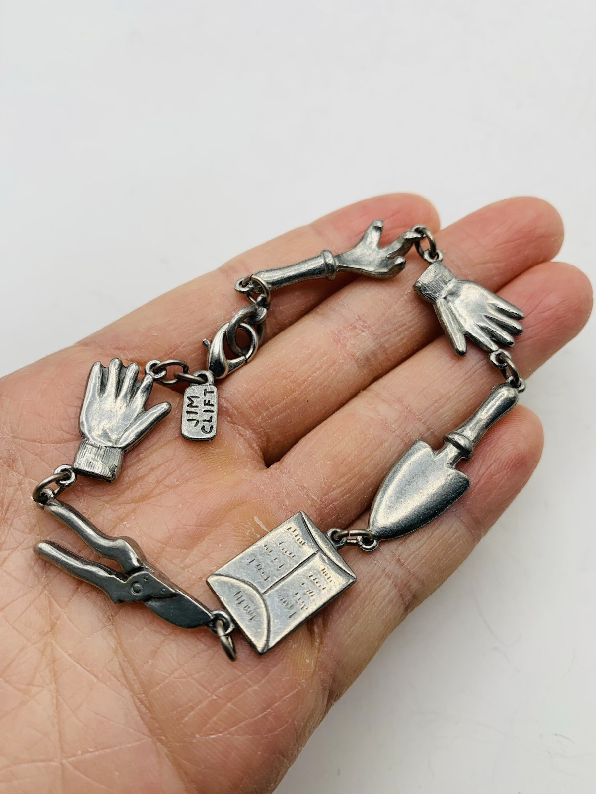 Vintage 7″ Signed Jim Clift Pewter USA Silver Tone Gardening Charm Bracelet