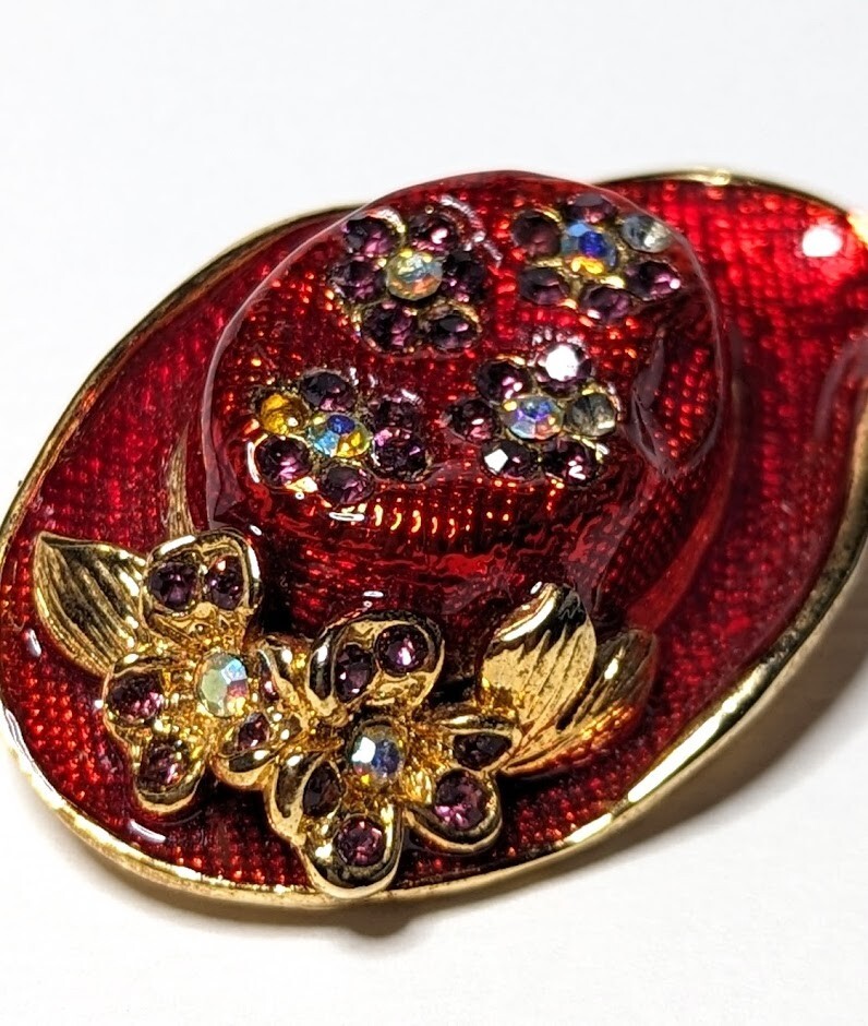 Vintage Enamel Red Hat Brooch Matching Earrings AB Rhinestones Flower