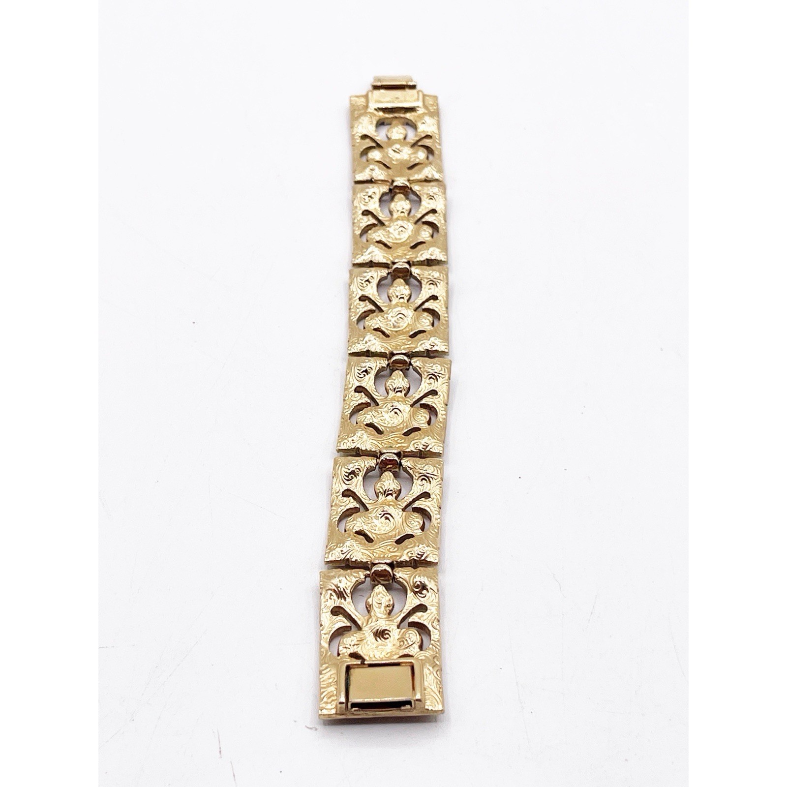 Vintage Gold Tone Panel Bracelet Openwork Filigree Red Purple Pink Rhinestones