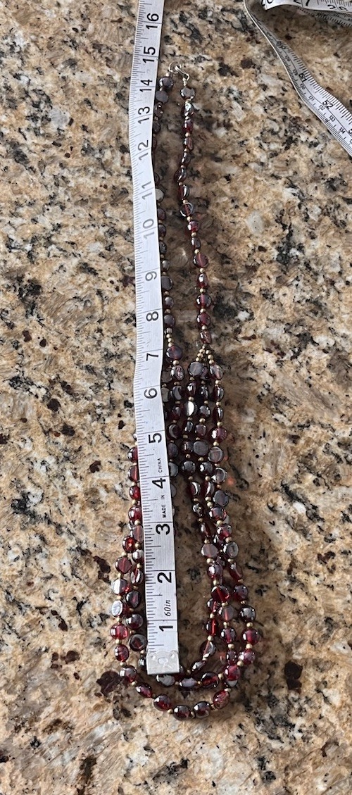 Vintage Red Garnet Iridescent Glass Gold Beaded Triple Layered 30” Bib Necklace