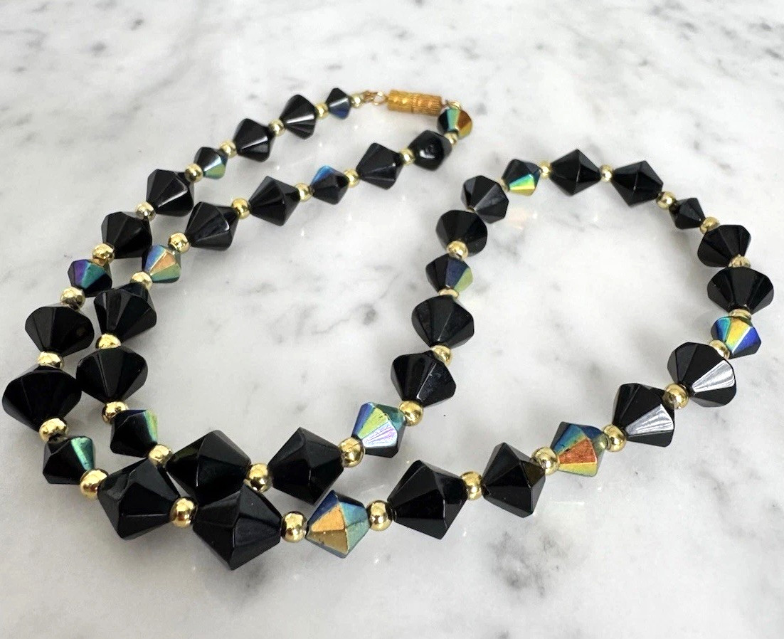Vintage Bicone Cut Black Aurora Borealis Crystal Bead Gold Tone Accent Necklace