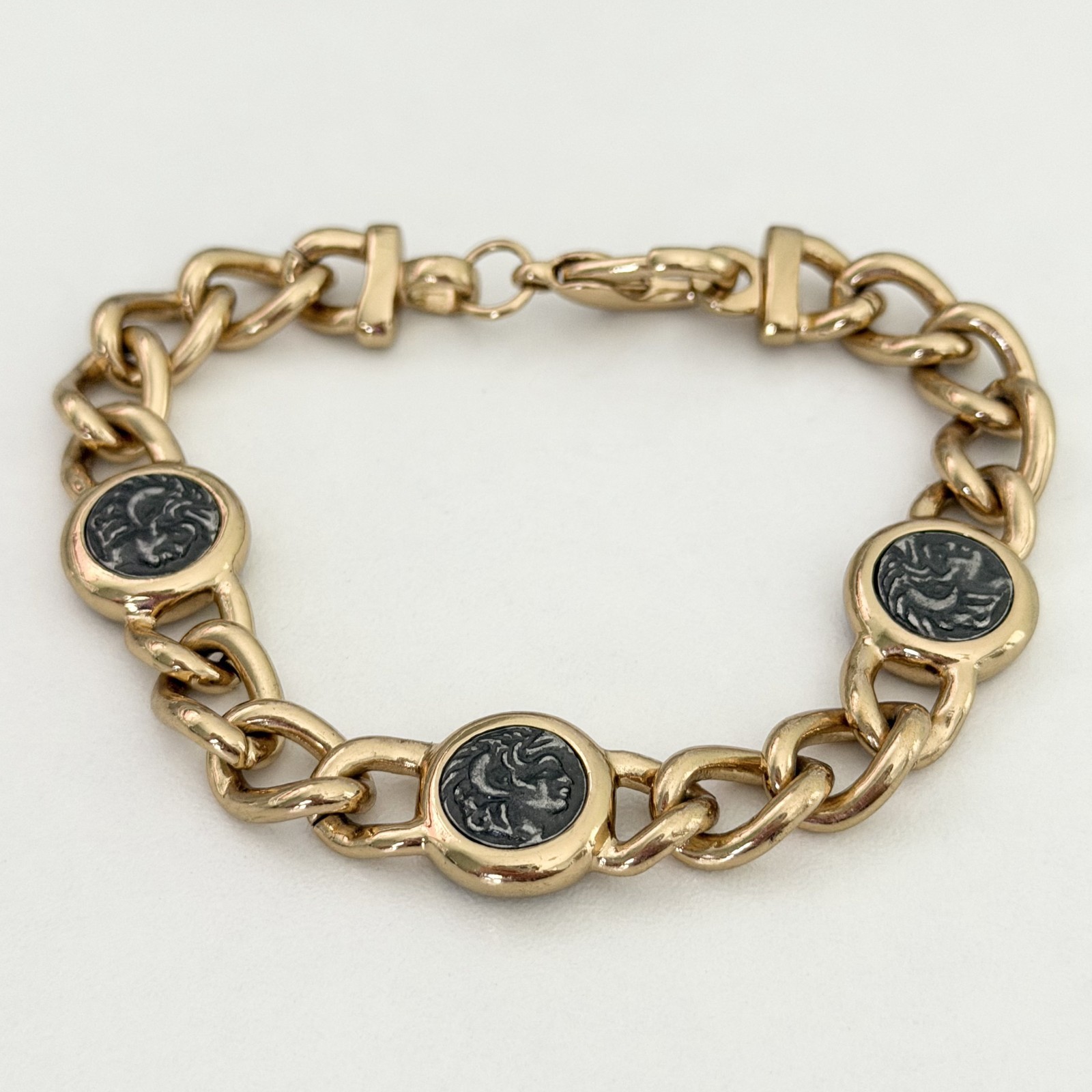 Vintage Gold Tone Silver Roman Coin Chunky Curb Chain Link Bracelet 7.5″