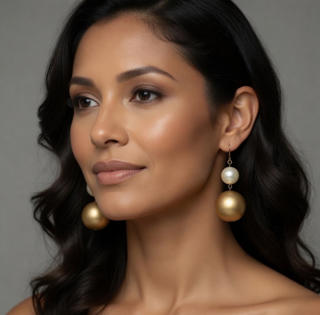 Vintage Gold White Double Ball Drop Dangle Earrings 2.5″ Hook Style Heavy VG