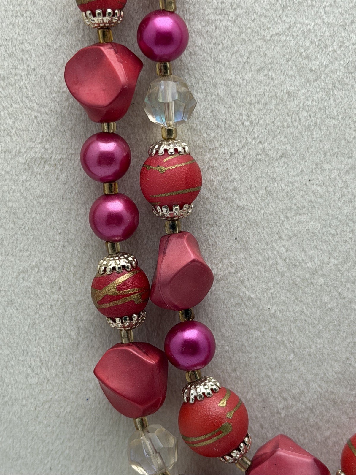 Vintage Japan Made Marked Pink & Red Three Strand Draping Beaded Necklace