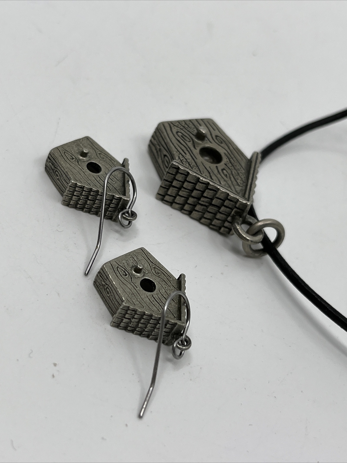 Vintage Estate Jim Clift Pewter Birdhouse Pendant & Pierced Earrings Set