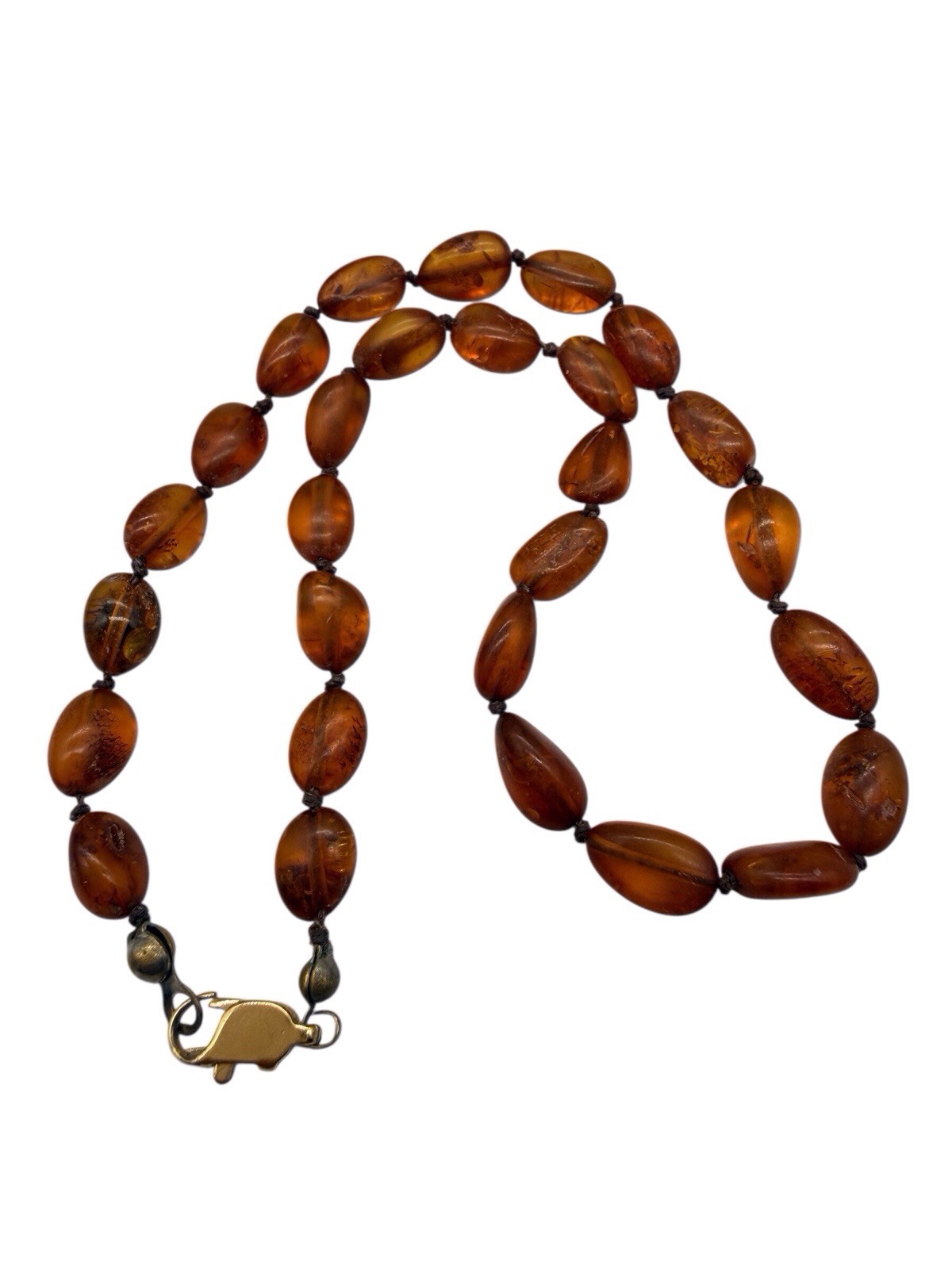 Vintage Natural Honey Amber Small Necklace Choker Gold P. Clasp Hand Knotted A9
