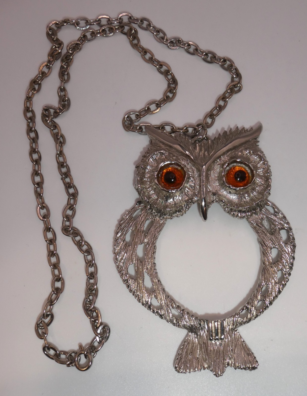 Vintage Huge Owl Pendant Chain Necklace Retro 70s Statement Jewelry Amber Eyes
