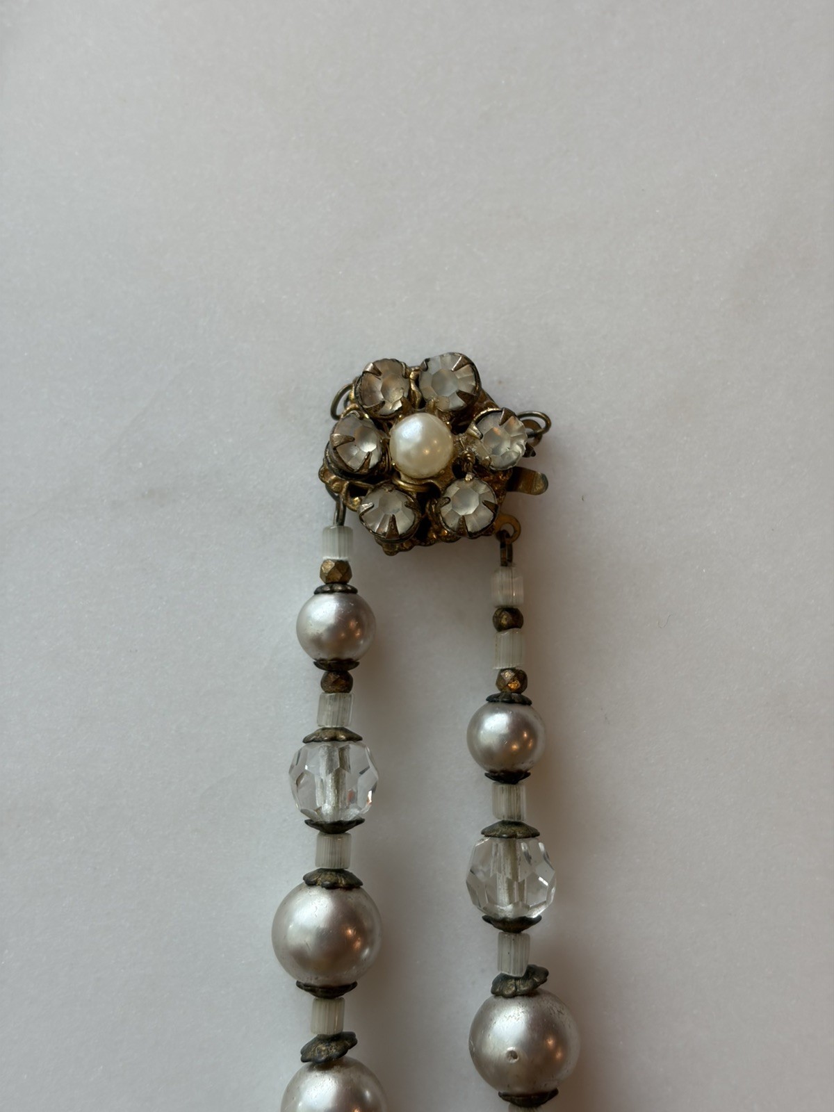 Vintage Miriam Haskell 22″ Grey Pearl & Faceted Crystal Necklace Flower Clasp