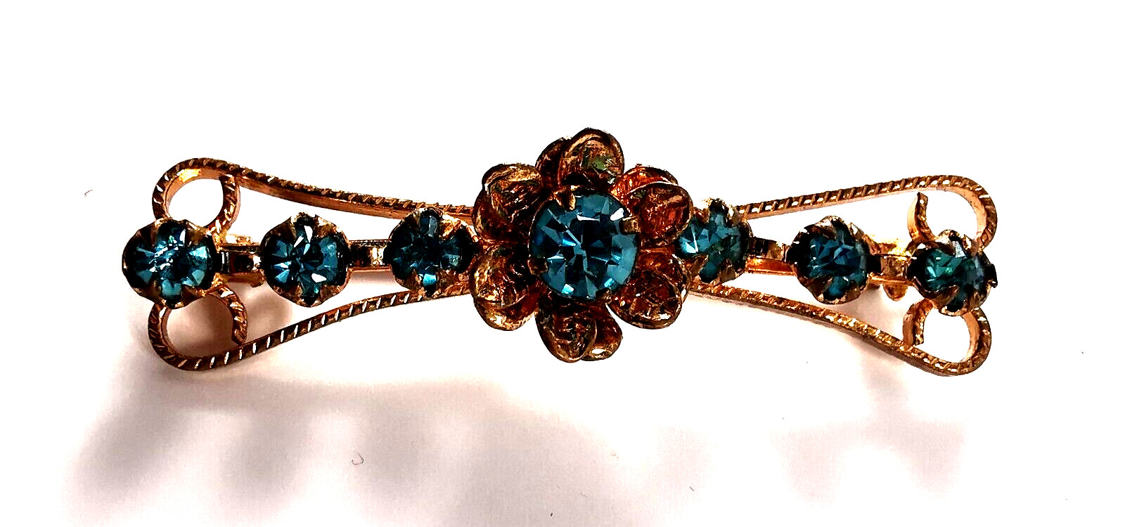 Vintage Brooch Czech Flower Blue Light Glass Rhinestones Gilded Brass Hand Work