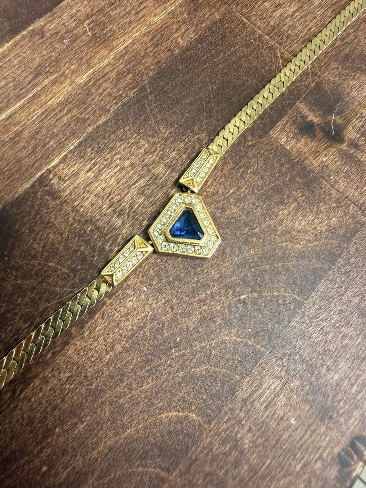 Vintage Christian Dior Blue Crystal Geometric Statement Necklace Gold 17-19”