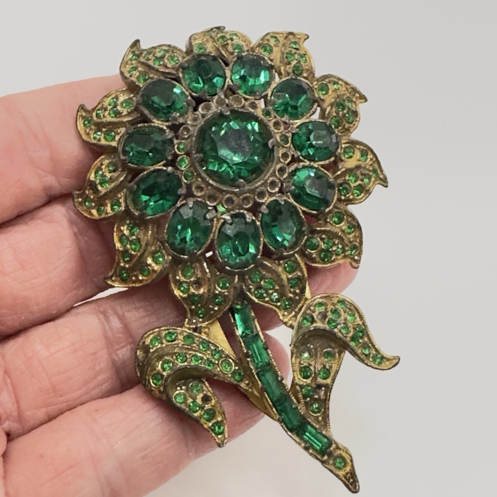 Vintage Pot Metal Dress Clip Flower Gold Tone Green Rhinestones 3″