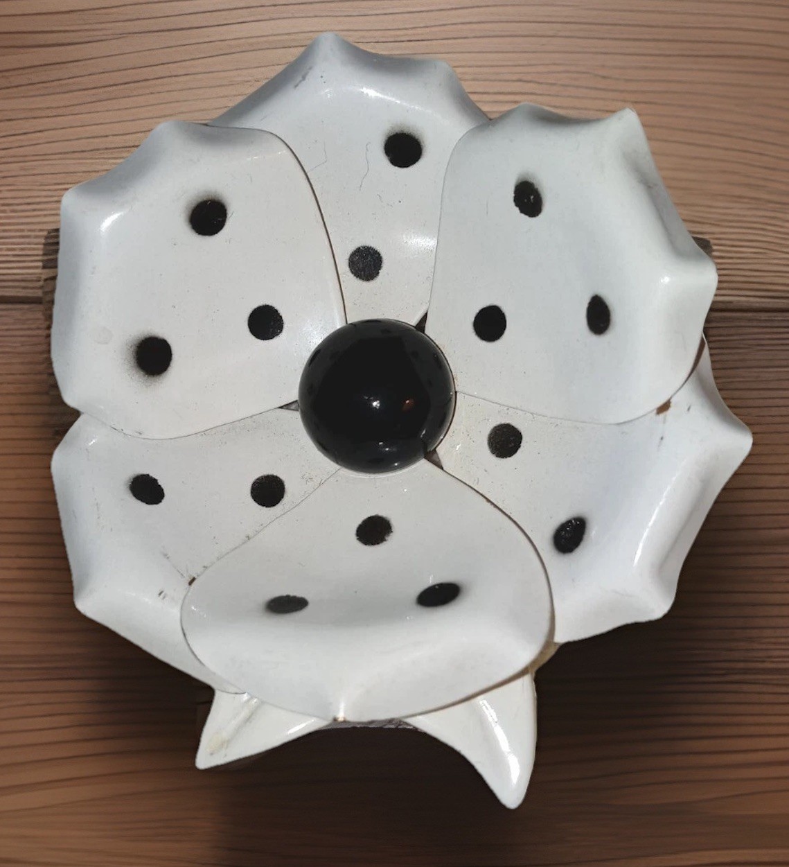 Enamel Brooch Vtg 60s Huge Pop Art White Black Polka Dots Flower Rockabilly Pin